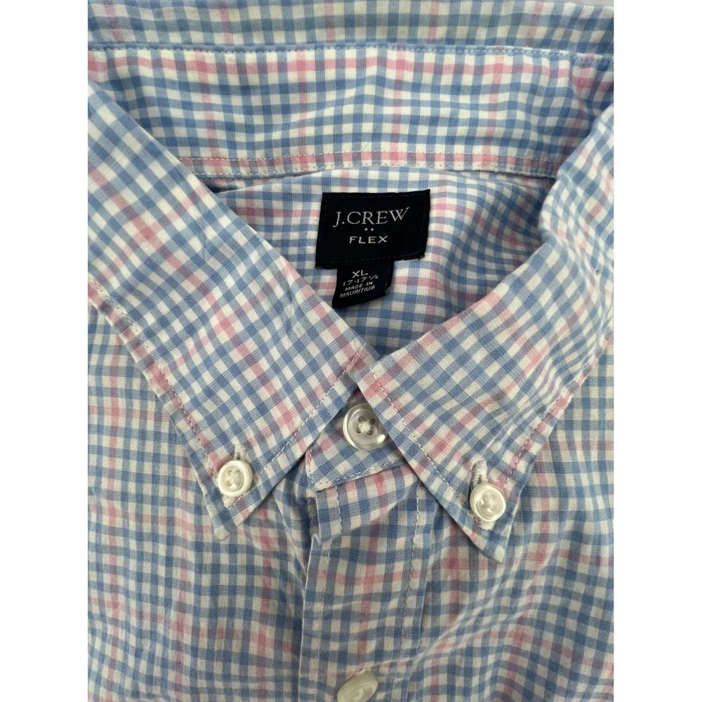J. Crew Flex Gingham Short Sleeve‎ Button Down Shirt Mens XL Blue Pink Plaid